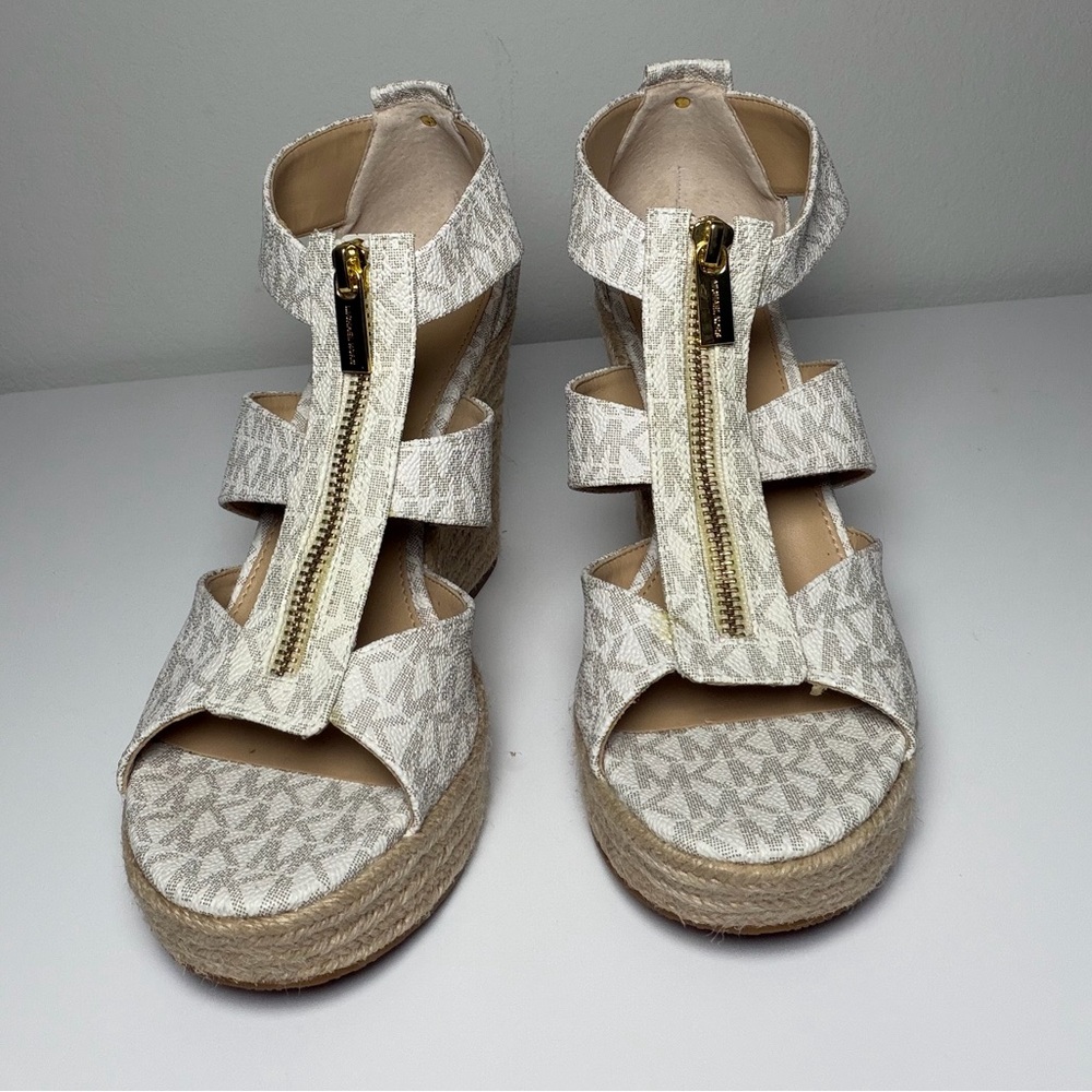 MICHAEL Michael Kors Damita Platform Wedge Sandals | Vanilla Signature Logo 8.5